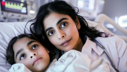 A caring mother comforts her child in a hospital setting, showcasing the strong bond and emotional support during recovery.
