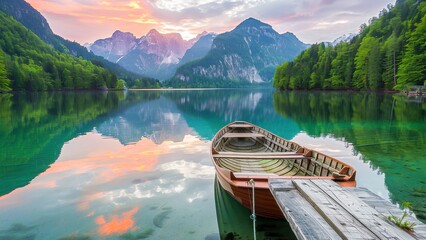 A serene landscape with a calm lake reflecting mountains at sunset. A wooden boat is docked, enhancing the tranquil vibe.