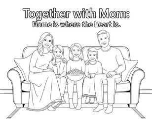 Obraz premium A heartwarming black and white line drawing of a family of four (mom, dad, and two children) sitting on a couch, seemingly enjoying a movie night with popcorn