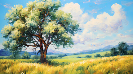 Fototapeta premium solitary oak tree in a meadow under the summer setting sun oil painting abstract decorative painting