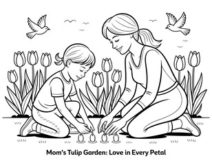 Obraz premium This black and white coloring page showcases a mother and daughter engaged in a loving activity, planting tulips in a garden