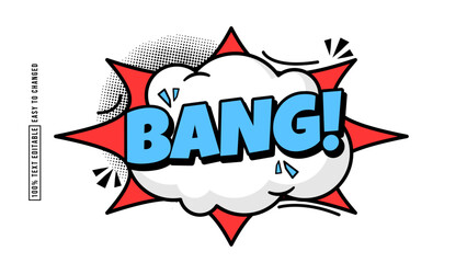 Comic-style text effect with bold, colorful typography and dynamic pop art elements like explosions, halftone patterns, stars, and clouds. Suitable for retro comic books, playful designs.