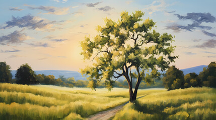 Fototapeta premium solitary oak tree in a meadow under the summer setting sun oil painting abstract decorative painting