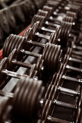 Hanteln im Fitnessstudio. Kurzhanteln, Gewichtheben