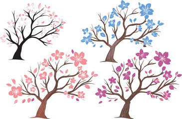 Blossoming Spring Trees Vector with Pink and Blue Flowers Illustration