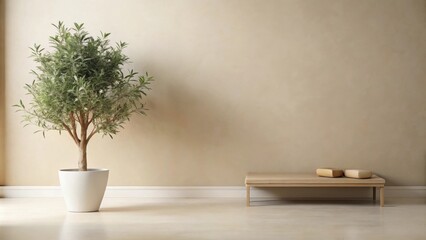 Minimalist interior design with potted plant and low bench