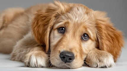 Adorable golden retriever puppy resting on a light background.