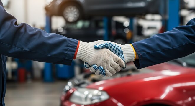 Two auto mechanics shaking hands in a car repair shop, signifying teamwork and partnership