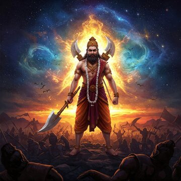 parshuram jayanti | parshuram janmotsav | bhagwan parshuram janmotsav | parshuram janmotsav &ndash; 3D Cartoon Lord Parshuram with Parshu in Hand, Cute Hindu God Artwork, Glowing Background, Festival Poster
