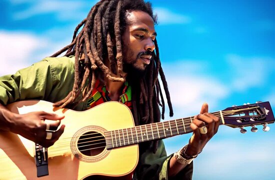 Rastafarian playing the guitar in the street