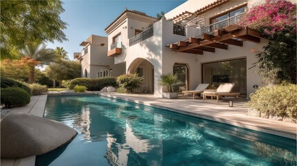 Mediterranean-style villa with a tranquil pool and outdoor living area.