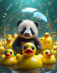 Obraz premium Baby panda relaxing in bubble with rubber ducks and soap bubbles