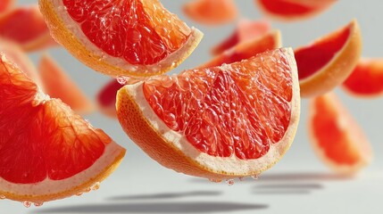 Grapefruit slices suspended in mid-air, a vibrant display.