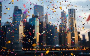 Obraz premium Colorful confetti falls over a city skyline at night.