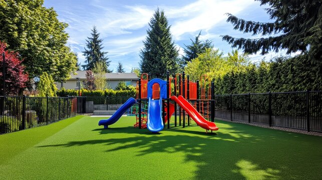 Colorful playground equipment on artificial turf, surrounded by lush green trees and a black fence under a sunny sky.