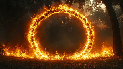 Fototapeta premium Ring of fire burns through trees creating a fiery portal on the ground in a landscape with smoke and ember effects