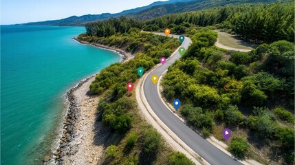 Winding Road Along Beautiful Coastline with Lush Greenery