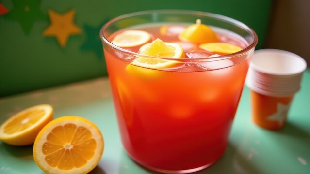 Bright red party drink with ice and lemon slices in a glass. Festive celebration beverage with citrus fruit and disposable cups on a green background.