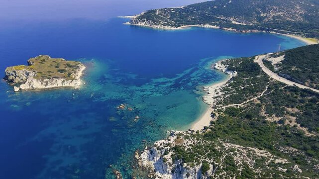 Breathtaking Aerial View of Foca Coastline Embracing Turquoise Aegean Sea in Izmir, Turkiye
