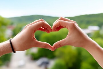 Two Hands Forming Heart Shape Against Scenic Green Background