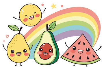 88 Cartoon pear character, bright green body, smiling face, big eyes, purple arms and legs, waving hand, orange stem, cheerful expression, vibrant colors, white background, simple design, cute fruit m