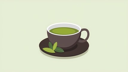 Obraz premium A cup of matcha on a saucer, with a light green background.