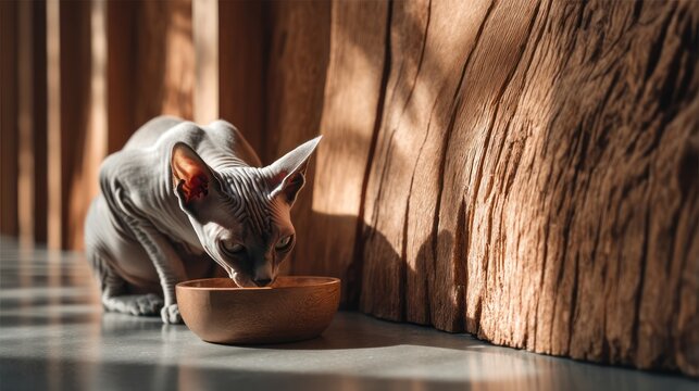 Gray Sphynx Cat Eating from a Bowl in Sunlight.