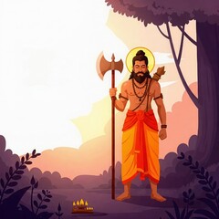 parshuram jayanti | parshuram janmotsav | bhagwan parshuram janmotsav | parshuram janmotsav &ndash; Flat vector style Lord Parshuram in forest with axe and soft sunrise glow background