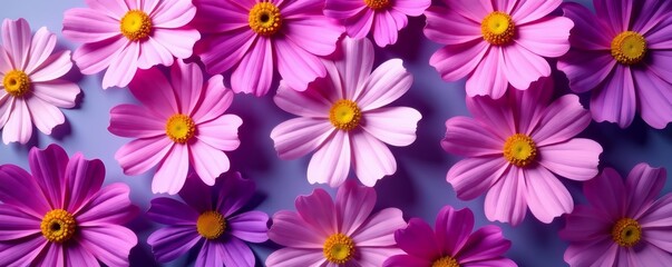 Fototapeta premium Elegant flat lay of purple cosmos flowers in a patterned arrangement, top view, top view, flat lay