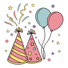 Obraz premium Party Hats, Confetti, and Balloons in Festive Line Art A Cheerful and Lively Design Perfect for Celebrations