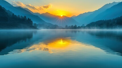 Fototapeta premium Sunrise over mountain lake, calm waters reflect golden sun