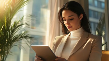 Fototapeta premium Young businesswoman sits by the window, engrossed in her tablet, bathed in warm sunlight.