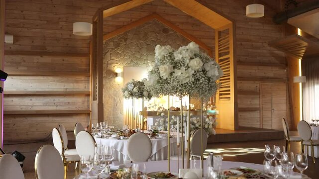 large banquet hall with wedding decor restaurant