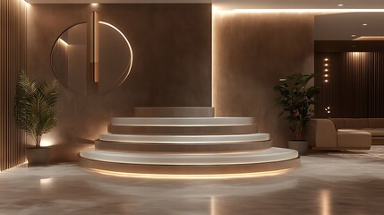 Elegant interior design with a illuminated staircase and warm ambient light