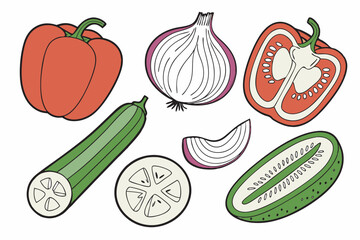 Hand Drawn Vegetable Clipart Set – Bell Pepper, Cucumber, and Onion Slices