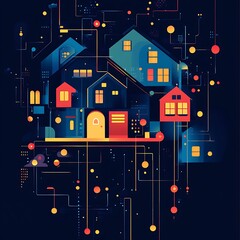 Abstract digital house with flowing lines, geometric structures, and bright colors representing modern technology image