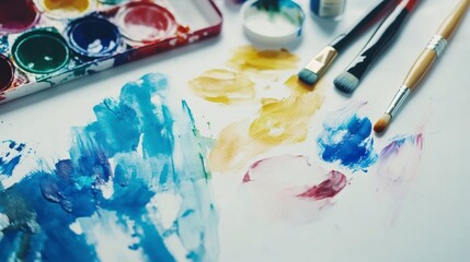 Obraz premium Colorful paint swatches and brushes on white paper.