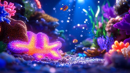 Obraz premium Underwater Coral Reef with Fish and Starfish Glowing in Deep Blue Sea with Pixelated Effect
