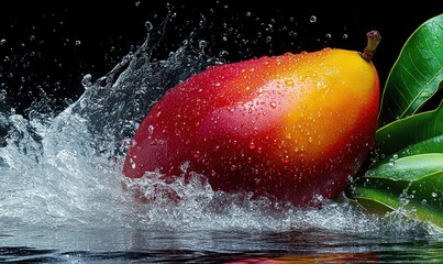 Juicy mango splashing in water, dark background, food photography, for recipe websites