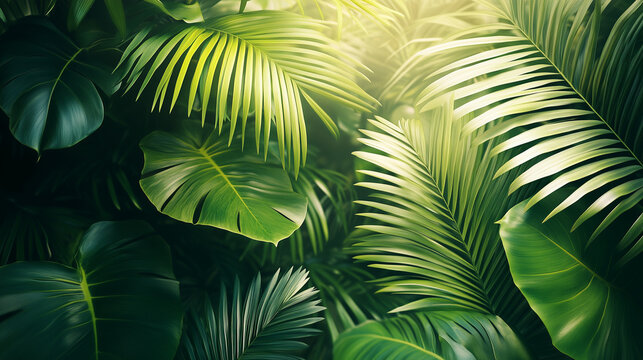 Lush tropical foliage bathed in sunlight, a vibrant jungle scene teeming with life and overflowing with verdant greens.