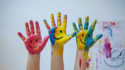Fototapeta premium Three colorful painted children's hands with smiley faces.