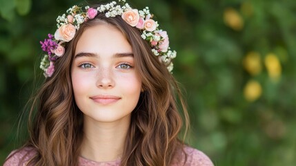 Fototapeta premium A young woman with long hair adorned with a floral crown smiles softly in a lush green background.