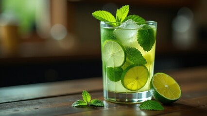 Refreshing mojito cocktail with lime slices, mint leaves, and ice, served in a clear glass on a rustic wooden table in a cozy bar setting.