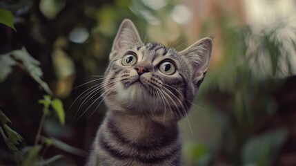Fototapeta premium Curious kitten looking up, garden background, pet photography, website banner