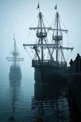 Fototapeta premium Two majestic ships docked in a foggy harbor creating a serene atmosphere