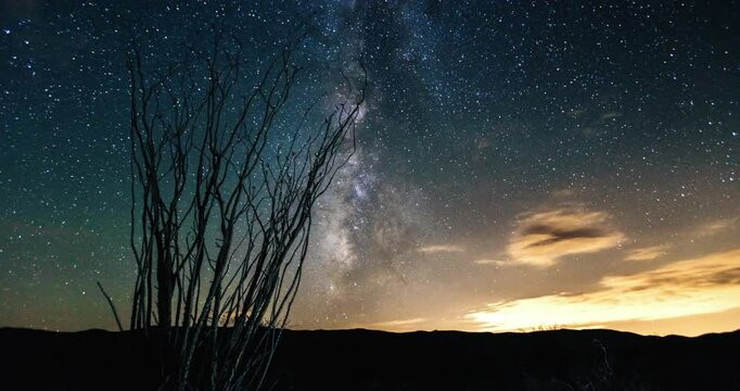 Timelapse of Milky way over the desert in Big Bend National Park. Ideal for astronomy enthusiasts, travel blogs, stargazing publications, and nature calendars.