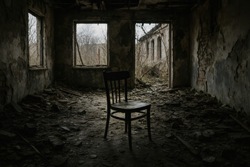 solitary chair stands in desolate room, evoking feelings of great isolation and weight of depression