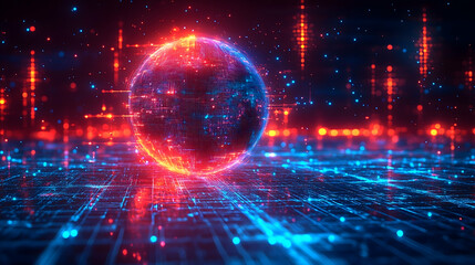 Obraz premium Glowing orb hovers above a grid of blue lines against a backdrop of blurred red lights and scattered points