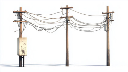 A weathered network of power lines strung between aged wooden utility poles against a stark white background, showcasing a rustic, forgotten feel.