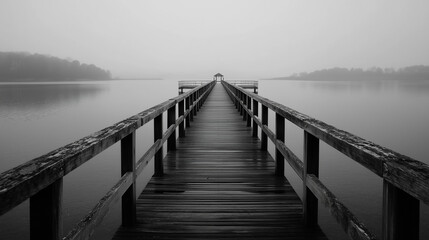 Obraz premium A solitary wooden pier stretching into a misty lake, a tranquil scene of quiet contemplation under a gray sky.